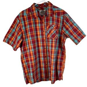 Simms Fishing Shirt Mens XL Short Sleeve Button Up Plaid Pocket Colorful